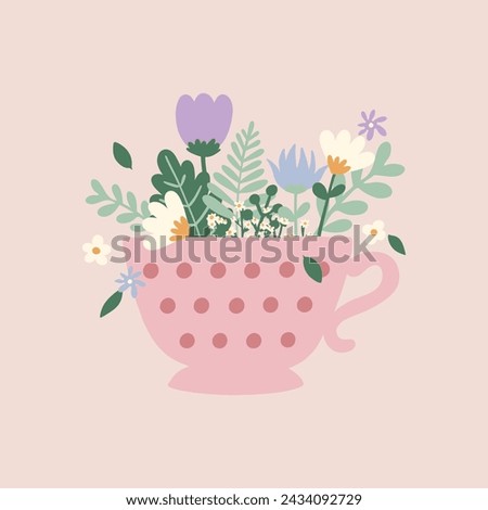 Flat hand drawn vector illustration of cute mug with wild flowers. Decorative element for card, postcard, sticker, banner, invitation, social media poster. Wedding, birthday,love concept