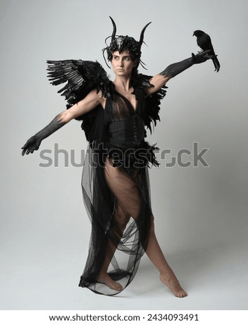Full length portrait of female model wearing gothic horned headdress with halloween black dress and fantasy angel feather wings. Standing walking, holding pose bird prop. Isolated studio background