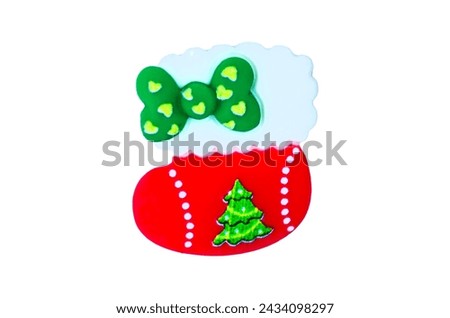 Red New Year's sock Christmas boot with green bow Cartoon style  Funny plasticine ornament Xmas design Decoration element