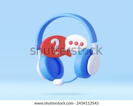 3D Call center. Headphones with speech bubble message with question mark. Online customer support. FAQ concept. Chatbot for asking help. 3d rendering. Vector illustration