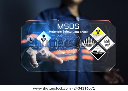 MSDS material safety data sheet concept with safety officer pointing at inhalation respiratory toxic chemical symbol on virtual screen for hazardous chemicals such as pesticides or volatile substances