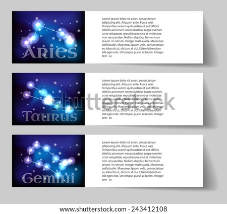 Set or collection horoscope or zodiac or constellation aries, taurus, gemini