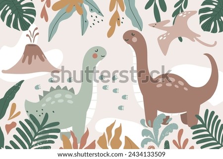 Hand drawn Scandinavian style dinosaurs for children's tropical wallpaper. Ideal for children's room decor. Vector illustrations
