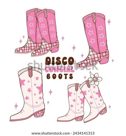 Set of Disco Cowgirl boots doodle hand drawing illustration, trendy retro groovy vibes disco era.