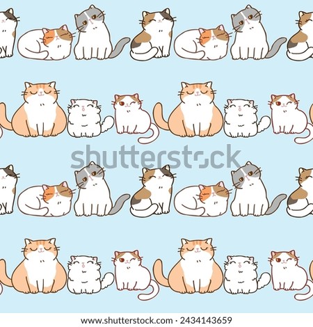 Seamless Pattern with Cute Cartoon Cat Design on Light Blue Background