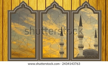 Islamic background photo. Mosque behind decorative window. Holy nights and islamic concept wallpaper image.