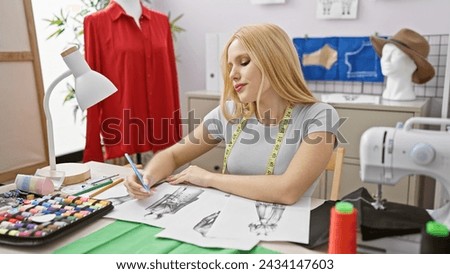 A focused blonde woman sketches fashion designs in a bright tailor shop with sewing equipment and colorful textiles.