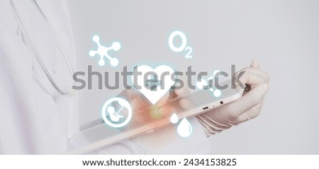 Medical background and healthcare technology with flat icons and symbols. Design template of concept and idea for health care business, innovation medicine, health safety, science