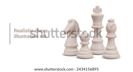 Realistic set of white chess pieces. Vector composition for advertising layout