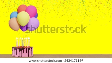 Birthday cake with bunch of colorful balloons on yellow background with confetti. Empty space for text. 3d rendering