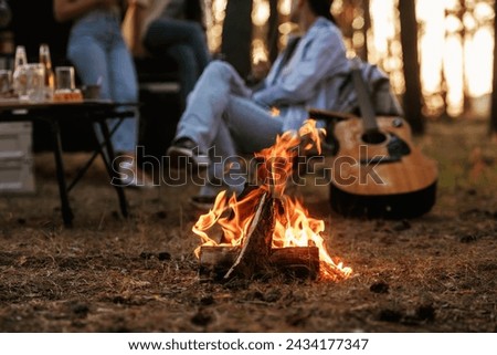 By the campfire. Group of friends are having fun together in the forest. Royalty-Free Stock Photo #2434177347