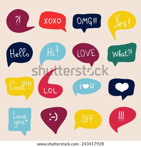 Colorful questions speech bubbles set in flat design with short messages. Royalty-Free Stock Photo #243417928