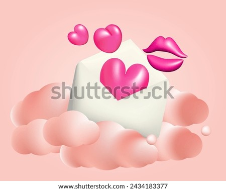 3d white mail envelope with pink hearts and lips vector illustration. Clouds, kiss, love. Realistic design for Valentine and Mother Day, wedding postcard.