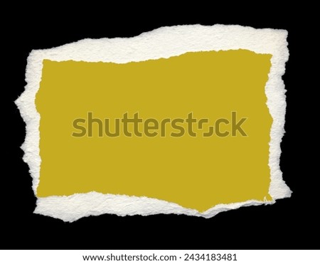 Torn piece of yellow paper, background for banner. Blank paper piece message, reminder, sign, tag, label. Ripped cardboard empty background. Design element. Isolated on black. Copy space, place text Royalty-Free Stock Photo #2434183481