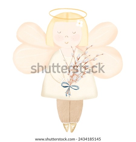 Angel watercolor illustration. Cute cherub with a bouquet of willow branches in his hands. Clip art isolated on white background. For design of holiday cards and invitations for baby shower or Easter