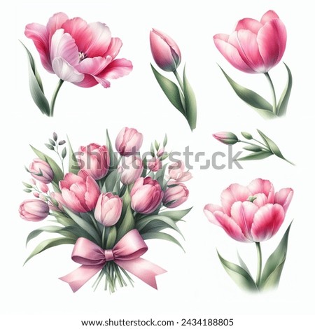 Watercolor clipart Pink Tulips Bouquet Women’s day