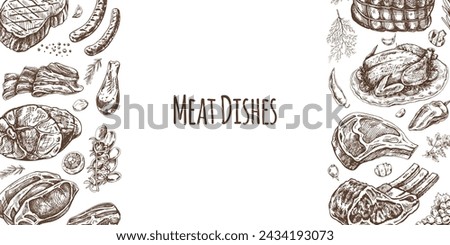 Meat and vegetables menu template in engraved vintage style. Hand-drawn sketches of barbecue meat pieces with herbs and seasonings. Background for meat restaurant.	