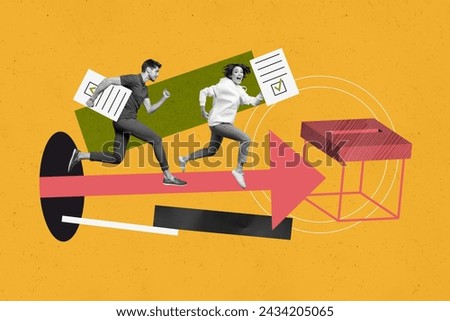 Photo collage artwork illustration of two citizens running with documents votes in presidential election isolated on yellow background