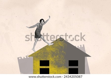 Photo collage poster young happy girl walking apartment building roof joyful carefree positive mood new accommodation purchase