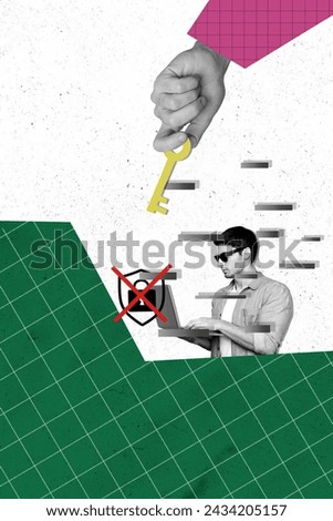 Composite collage picture image of hand hold key laptop secure password privacy sign in safety computer weird freak bizarre unusual fantasy