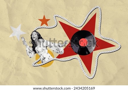 Artwork magazine collage picture of funny carefree lady enjoying vinyl music drinking champagne isolated drawing background