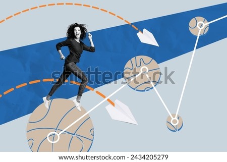 Photo collage picture young running woman jogger towards goal achievement charts statistics persistence motivation drawing background