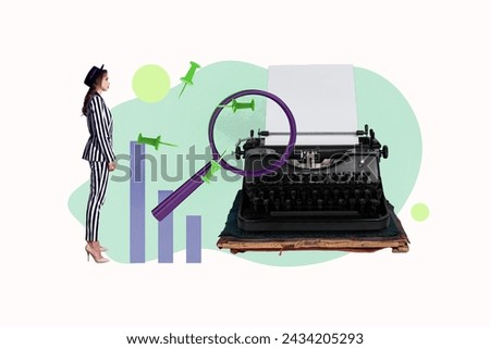 Collage artwork graphics picture of serious lady investigating loupe vintage typewriter isolated painting background