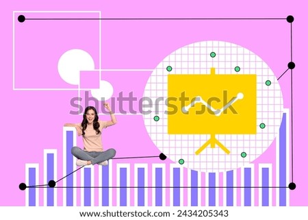 Creative collage young happy girl celebrate success show project presentation good results infographic progress business startup plan