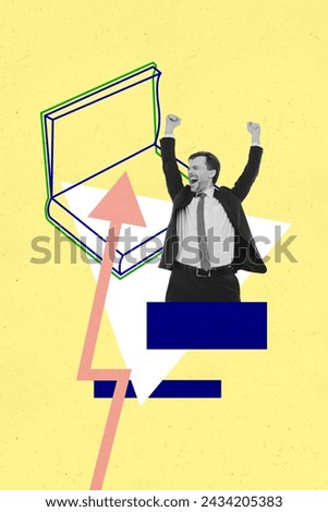 Photo sketch collage picture of excited lucky guy celebrating working growth success isolated yellow color background