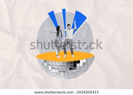 Magazine collage picture of funky carefree couple dancing disco having fun isolated drawing background