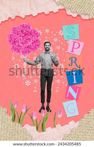 Vertical creative composite photo collage of preppy man hold hydrangea bouquet on international woman day isolated on painted background