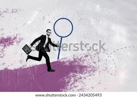 Magazine collage picture of confident worker running rising huge enlargement glass isolated drawing background