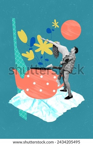Collage picture image of happy two people couple dancing celebrating spring coming isolated on blue drawing background