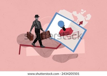 Collage advertisement of travel agency young man gentleman with suitcases steps to documents approval stamp isolated on pink background