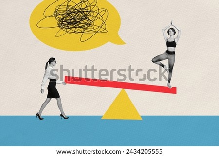 Composite collage picture image of successful female work life balance yoga keep balance bizarre unusual fantasy billboard comics