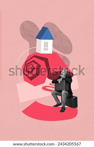 Artwork magazine collage picture of thoughtful senior guy sitting suitcases dreaming new home isolated pink color background