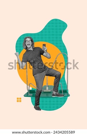 Vertical creative collage picture standing young man showing fist victory sign triumph university student college knowledge day celebrate Royalty-Free Stock Photo #2434205589
