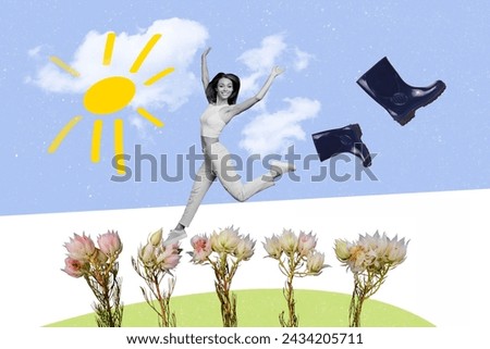Photo collage picture young dancing happy girl ballerina rubber gum shoes footwear seasonal springtime sunshine weather flowers blossom