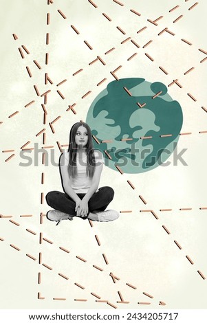 Magazine picture lines collage of young girl activist looking blue planet earth huge ocean surface isolated on beige color background
