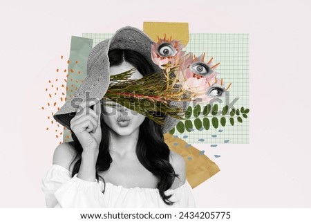 Collage banner picture of cute lovely woman hiding face blowing lips sending kiss isolated on drawing background