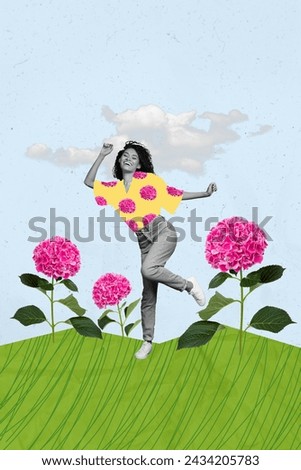 Collage artwork picture of funky carefree lady dancing enjoying flowers growing isolated creative background
