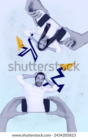 Magazine picture sketch collage of excited couple sharing instagram twitter telegram facebook messages isolated blue color background