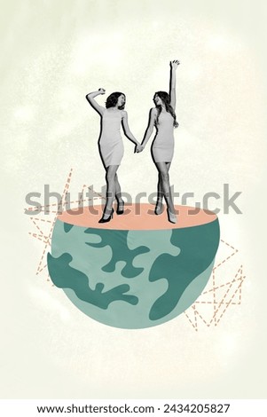 Vertical collage art picture of young couple attractive girlfriends holding arms together dancing on dancehall look like planet earth
