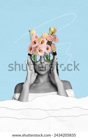 Collage picture sketch of charming lovely cute girl wear stylish glasses fresh flowers on head isolated drawing background
