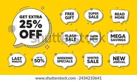 Offer speech bubble icons. Get Extra 25 percent off Sale. Discount offer price sign. Special offer symbol. Save 25 percentages. Extra discount chat offer. Speech bubble discount banner. Vector