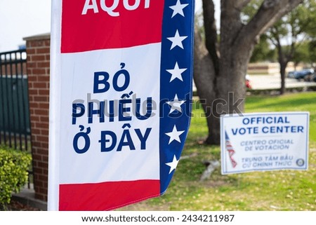 Vietnamese text Bo Phieu O Day means Vote Here on multiple languages political vote flag banner with poles, polyester double-sided election decorations polling locations, non-English-proficient. USA