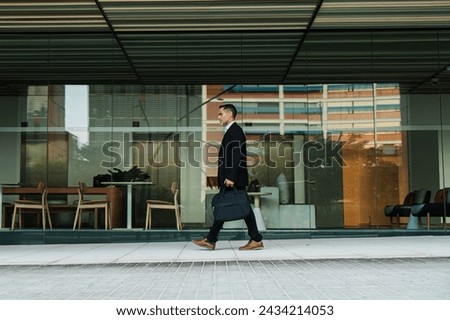 Full length portrait of a mature business man walking and holding a laptop bag. Mid adult financial executive male going to the office. Handsome corporate business person with a briefcase outdoors