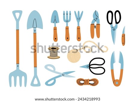 Set of gardening items in hand drawn cartoon style. Various agricultural and garden tools for spring work. Garden rake, shovel, scissors, rope and knife. Vector clip art illustration.