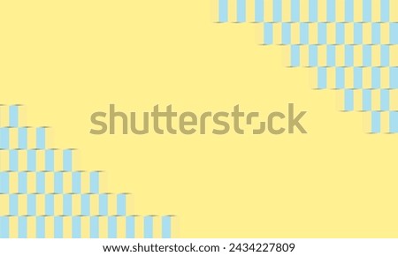 Realistic Geometrical shapes concept in paper style. Abstract yellow paper cut geometric design background. Rectangle sky blue brick shapes covers two corners of page. Empty space for custom text