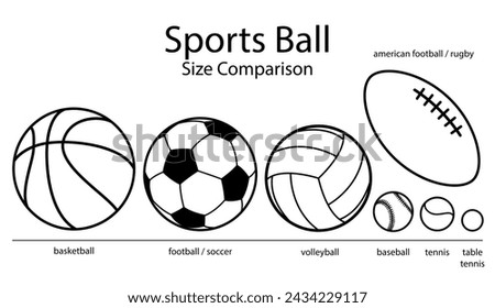 sports ball size diameter comparison - set of black and white vector silhouette symbol illustration, isolated on white background